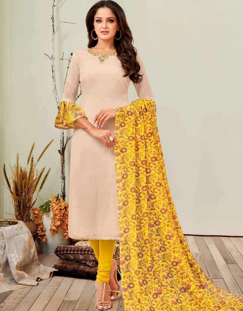 Premium Cream Chanderi Cotton Chudidar Salwar Suits for Women - Elegant Indian Ethnic Wear for Weddings, Festivals & Special Occasions
