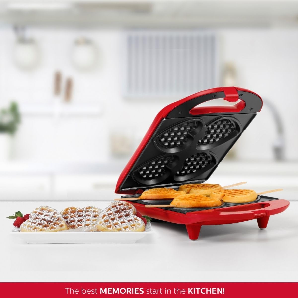 Holstein Housewares Red Non-Stick Heart Waffle Maker - 4 Heart-Shaped Waffles in Minutes - Perfect for Valentine's Day Breakfast, Romantic Dates & Family Brunch