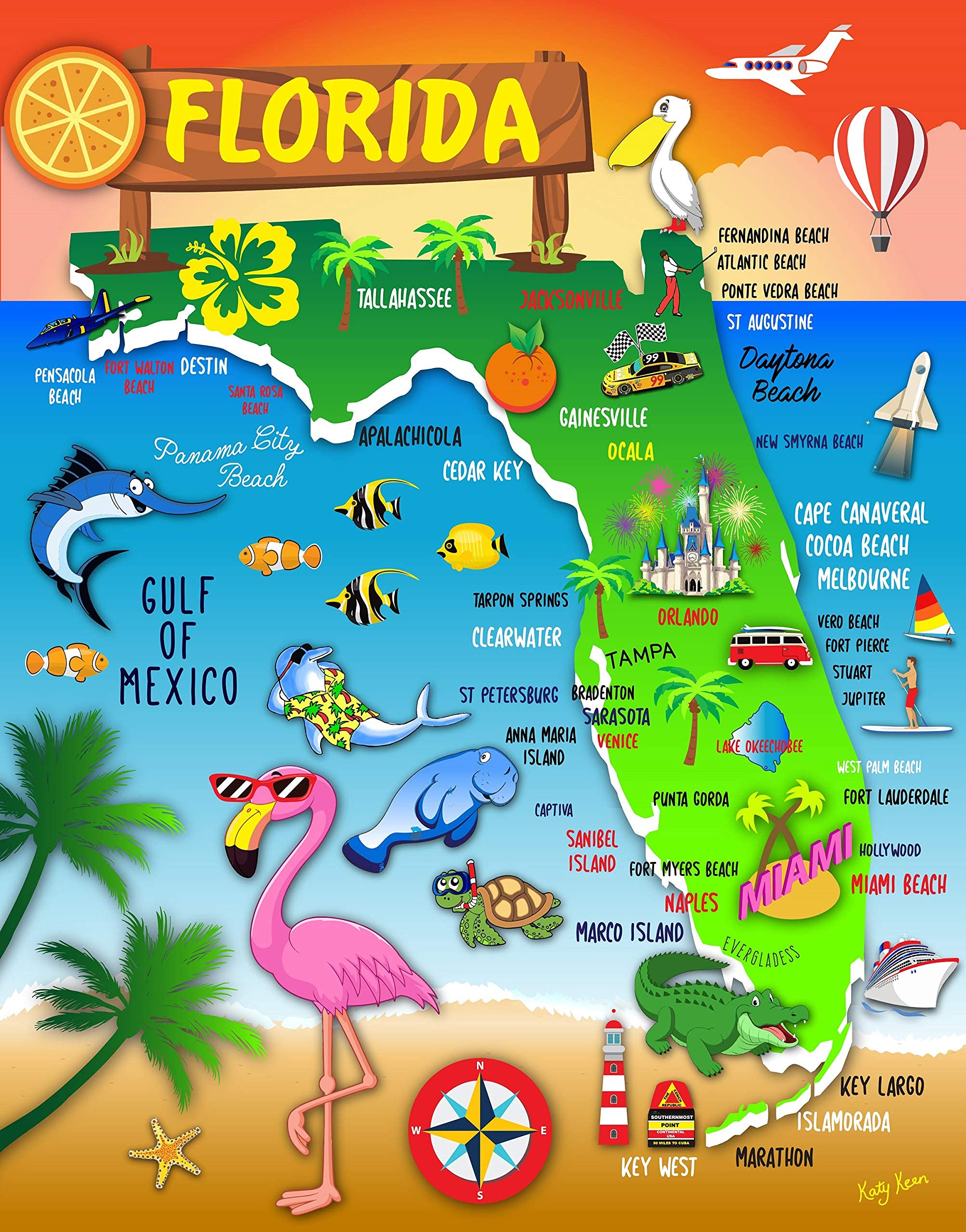 Florida Map Beach Towel - Sand Free Superfine Fiber for Boys & Girls - 32
