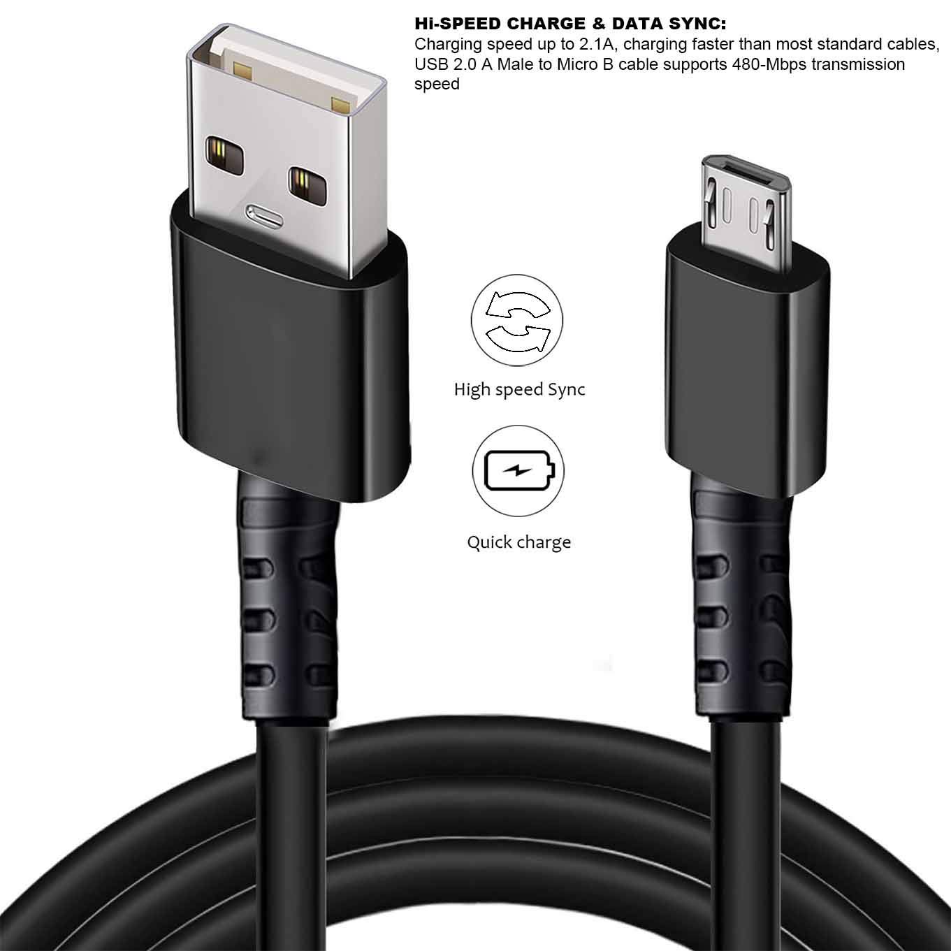 2-Pack 10ft Durable Micro USB Charging Cable - Fast Charging & Sync Compatible with Android Devices - Perfect for Home, Office, and Travel Use