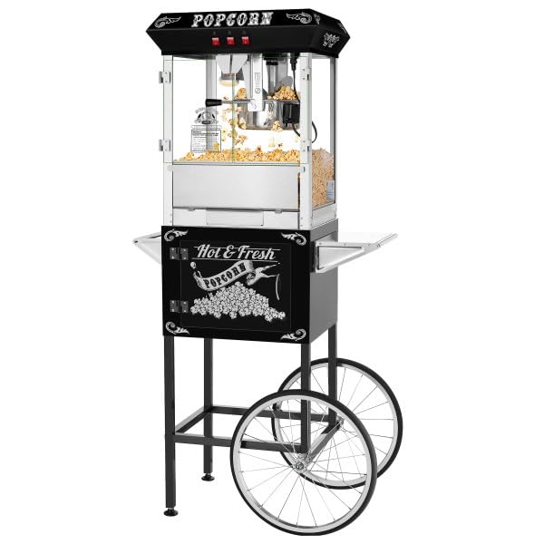 Superior Popcorn Machine with Cart - 8oz Commercial Popcorn Popper with Stainless Steel Kettle, Heated Warming Deck & Old Maids Drawer - Perfect for Movie Nights, Parties & Concession Stands (Black)