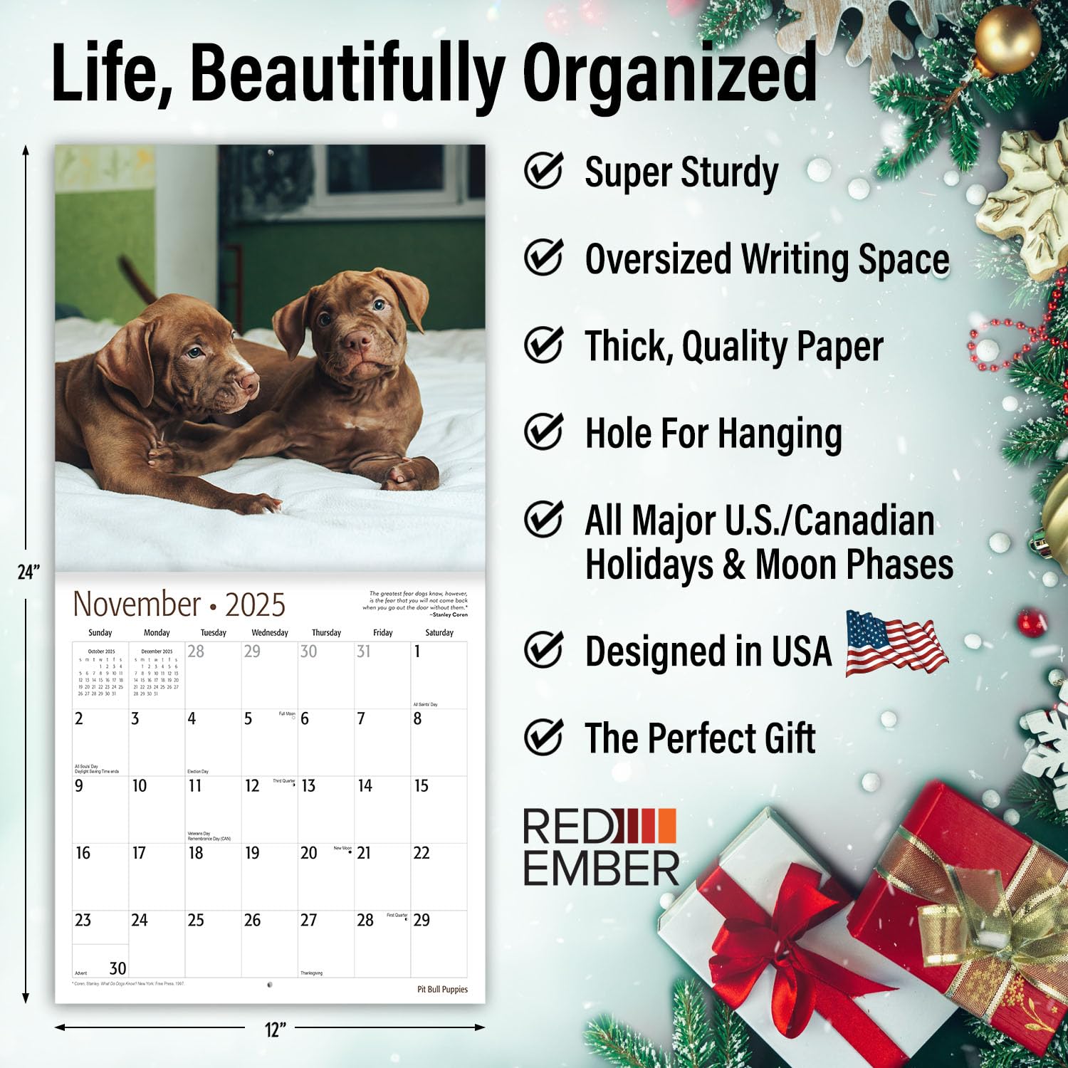 RED EMBER Pit Bull Puppies 2025 Wall Calendar - 12 Month Large Format (12x24 Inches) | Thick & Sturdy Paper | Perfect Gift for Dog Lovers | Home & Office Decor | Puppy Lover Wall Planner