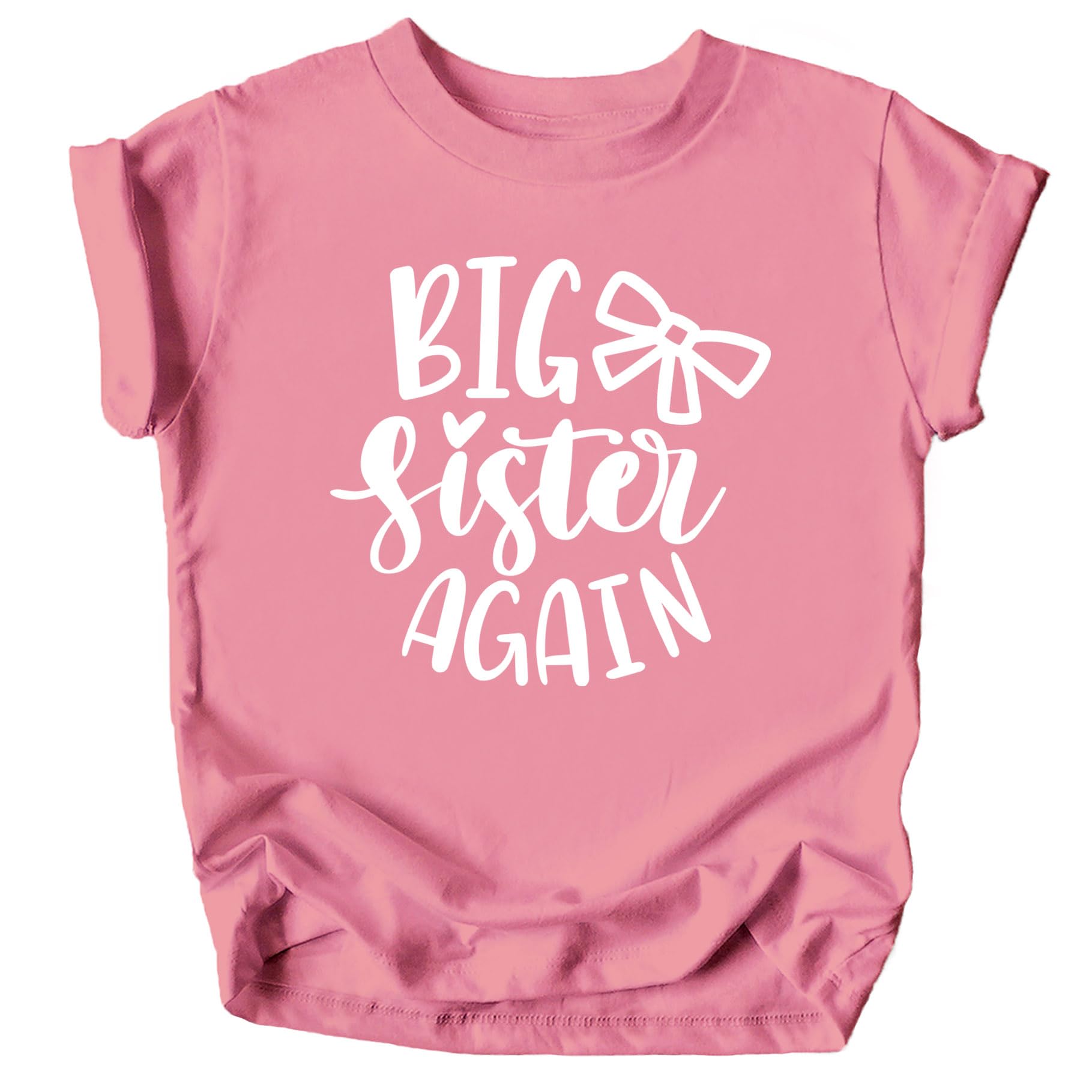 Olive Loves Apple Big Sister Again Bow Sibling Reveal Shirt - Cute Birth Announcement T-Shirts for Girls | Perfect for Gender Reveal Parties & Newborn Photo Shoots