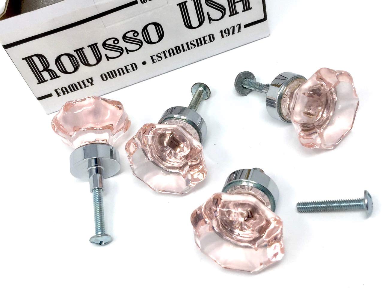 Pink Glass & Nickel Bifold Knob Pulls - Set of 4 for Cabinets & Wardrobes