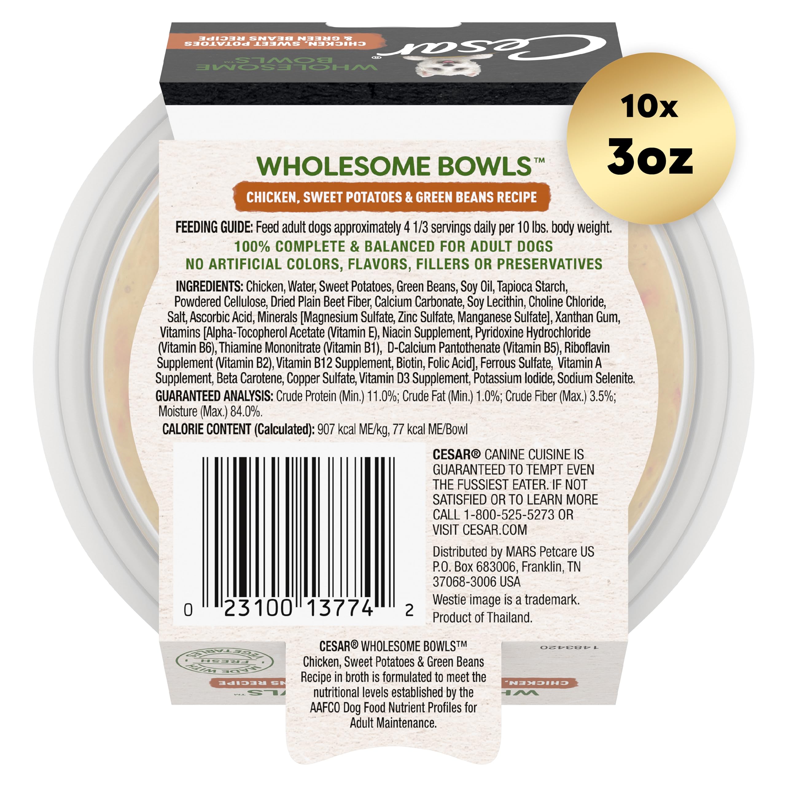 CESAR WHOLESOME BOWLS Adult Soft Wet Dog Food - Chicken, Sweet Potato & Green Beans Recipe, 3 oz (Pack of 10) | Grain-Free, High Protein Meal for Small & Medium Dogs | Perfect for Travel, Training & Senior Dogs