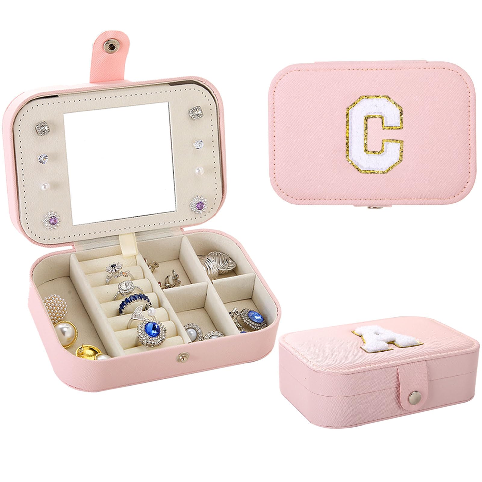 Initial C Jewelry Box Organizer - Pink PU Leather Travel Jewelry Case with Mirror, Personalized Jewelry Storage for Women & Girls | Perfect Birthday Gift, Travel Accessory & Home Decor