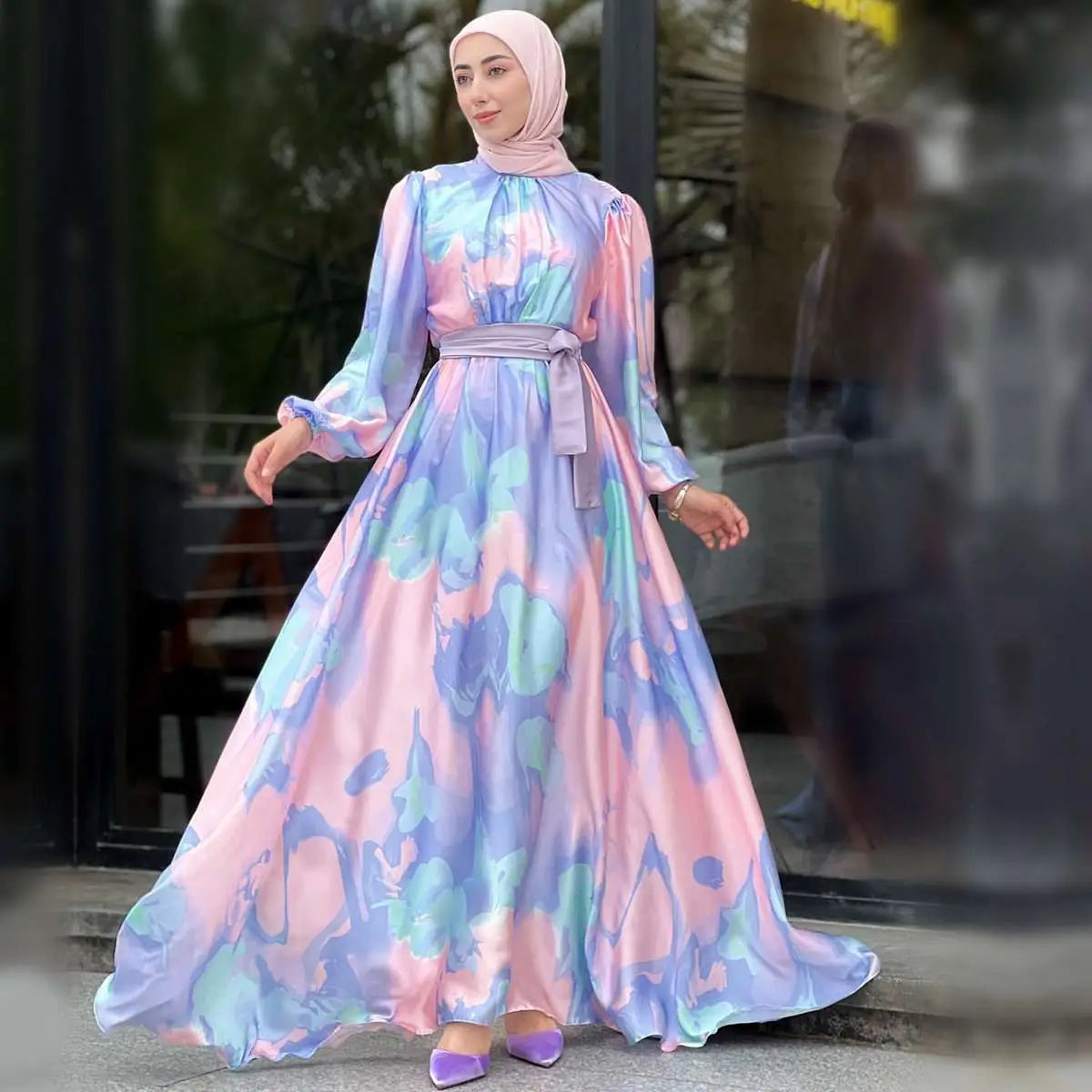Elegant Printed Muslim Women's Satin Abaya Dress - Modest Islamic Prayer Dress for Eid, Wedding & Special Occasions