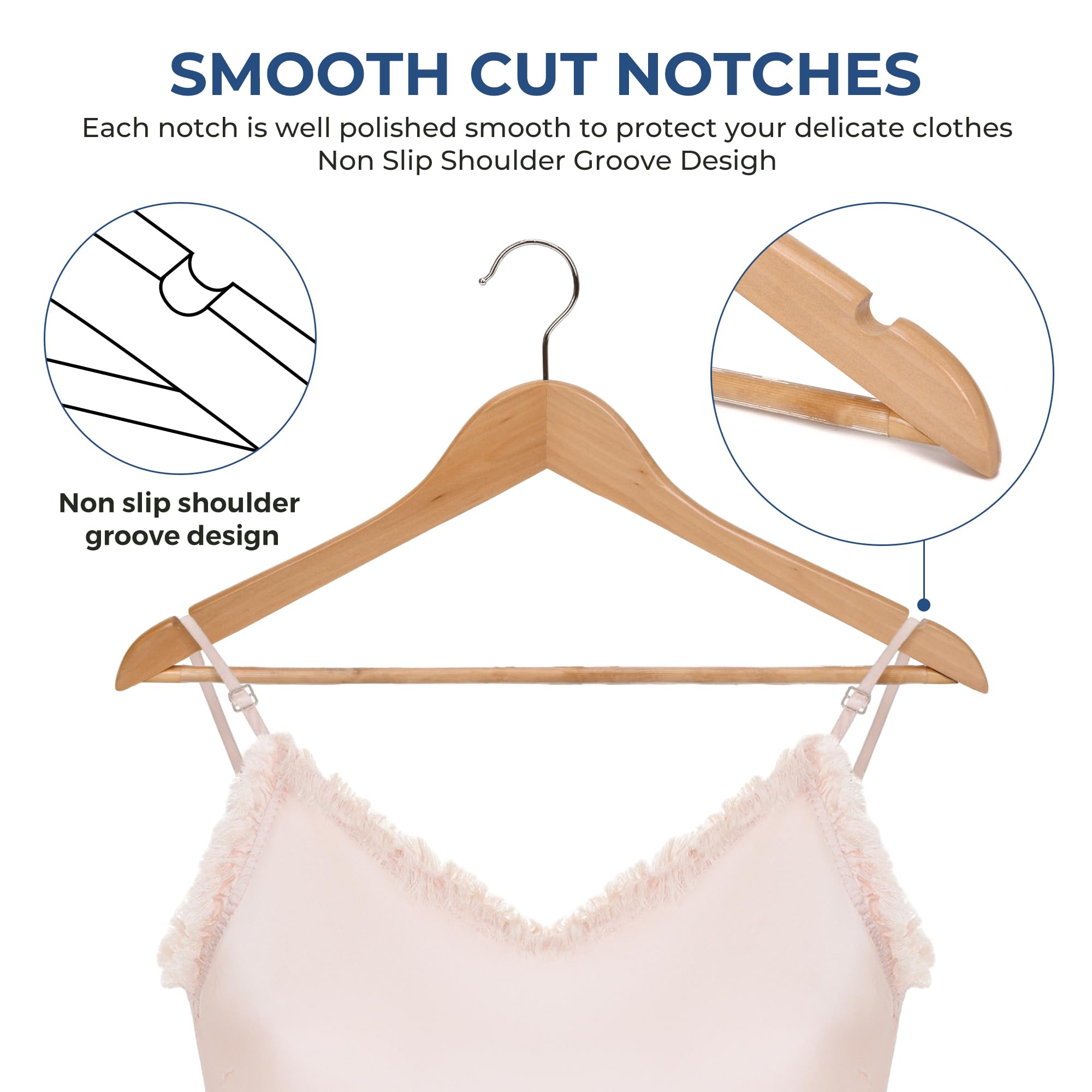 Premium 20-Pack 17.5 Inch Wooden Coat Hangers with Non-Slip Pant Bar - Smooth Splinter-Free Natural Finish for Closet, Suits, Dresses & Home Organization