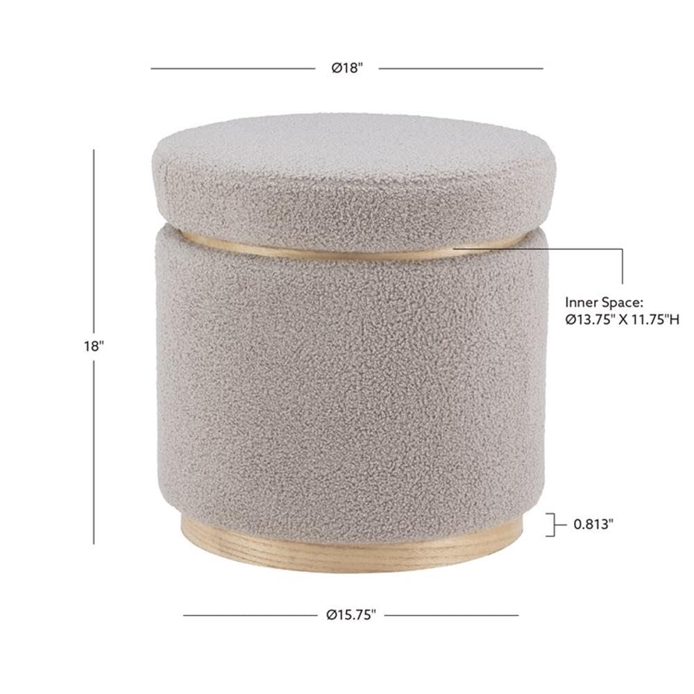 Linon Hawn Round Padded Storage Ottoman with Light Wood Trim - Gray Sherpa Fabric Upholstered Footrest Bench for Living Room, Bedroom & Home Decor
