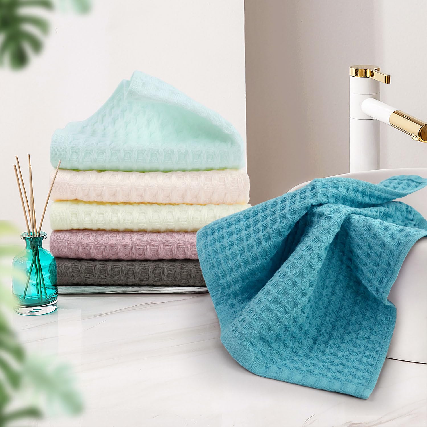 Cleanbear 12-Pack Cotton Waffle Weave Washcloths for Face & Body - 13x13 Inch Soft Bath Towels (6 Colors) - Perfect for Spa, Baby Care & Gentle Exfoliation