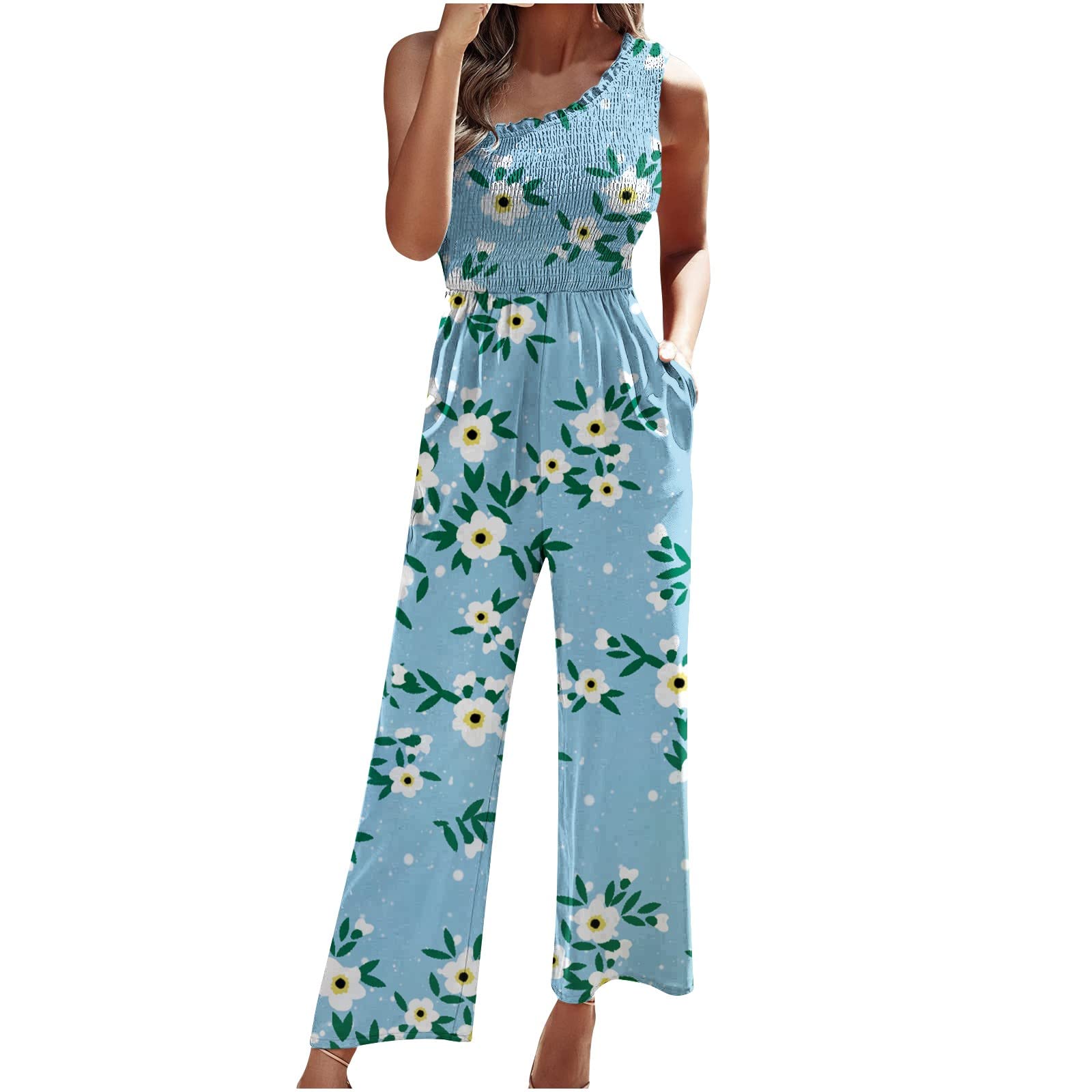 Olivcker Women's Casual Short Sleeve Jumpsuit with Waist Belt - One Shoulder Loose Romper for Summer Beach, Vacation, and Outdoor Activities