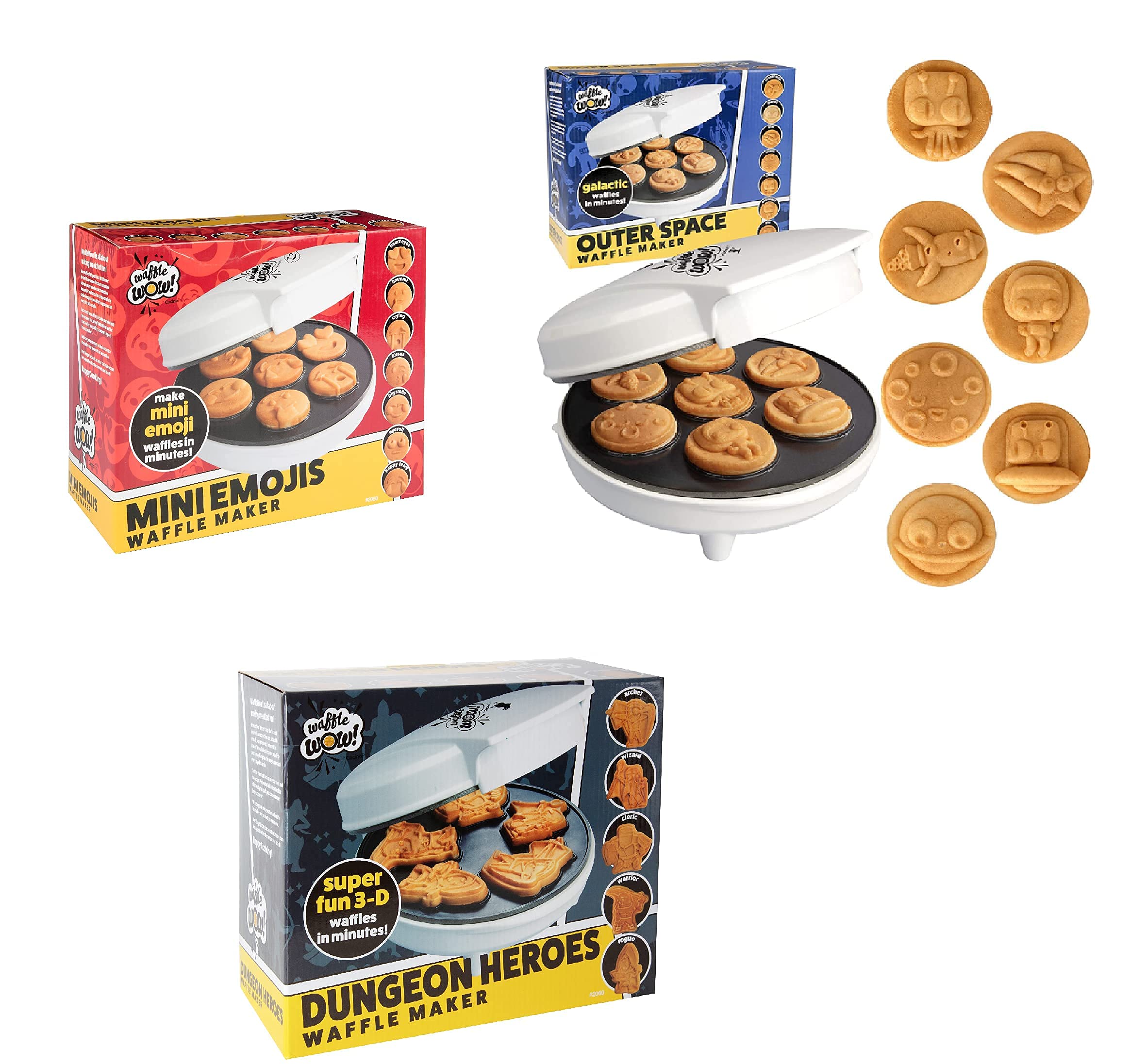 **Waffle Maker Bundle - Mini Emojis, Outer Space & Dungeon Heroes Non-Stick Waffle Iron for 3D Shaped Waffles & Pancakes - Perfect for Kids Breakfast, Party Snacks & Fun Family Cooking**