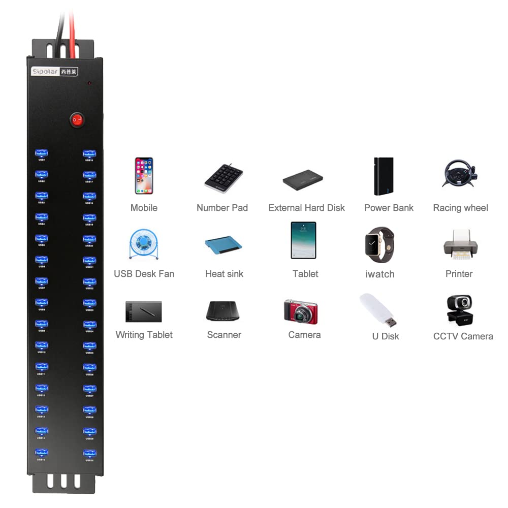 30-Port Industrial USB 2.0 Hub with 300W Power Supply - Wall Mountable, Batch Data Transfer for Factory, Warehouse & Office (Supports Refurbishing & Brush)