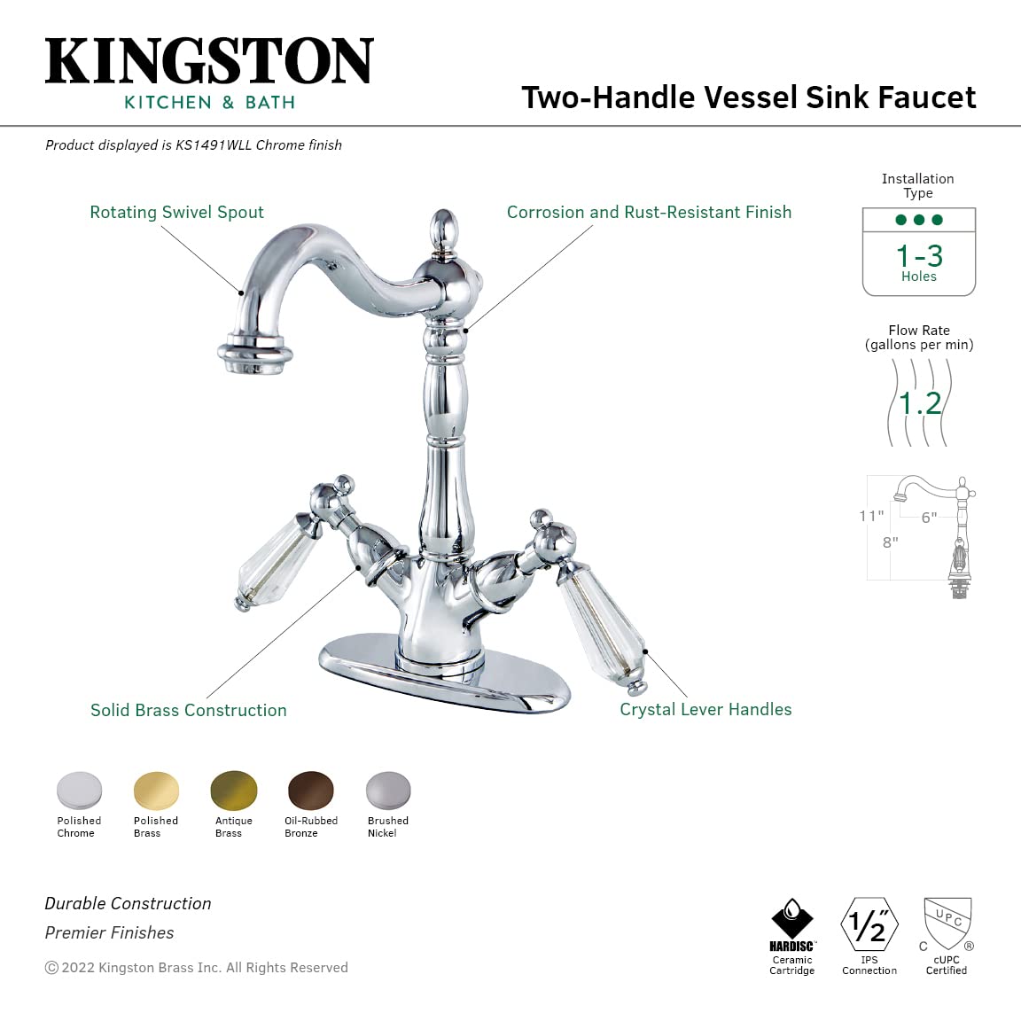 Kingston Brass KS1498WLL Brushed Nickel Vessel Sink Faucet with Deck Plate - 6.5