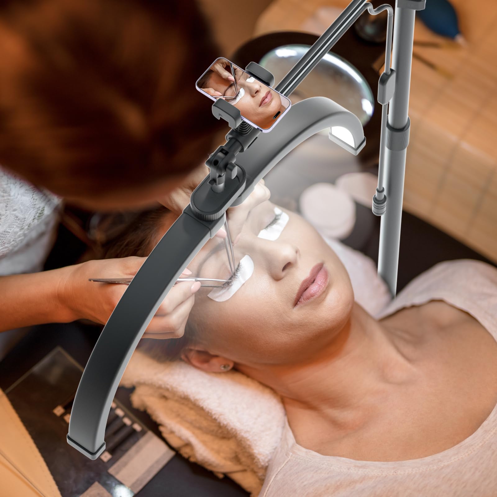 Professional 2-in-1 Foldable Half Moon Lash Light for Eyelash Extensions - Adjustable Esthetician Light with Phone Holder & Desk Clip - 3 Lighting Modes for Eyelash Tech, Skincare, Nail Art & Beauty Salon Use - Perfect for Home & Professional Beauty Services (Black)