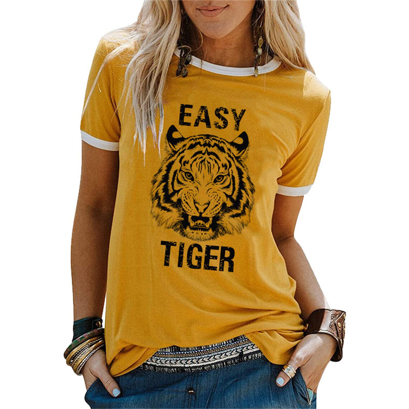 Easy Tiger Women's Graphic Tee - Animal Tiger Print Patchwork White Short Sleeve T-Shirt | Country Music Inspired Casual Top for Concerts & Summer Outfits