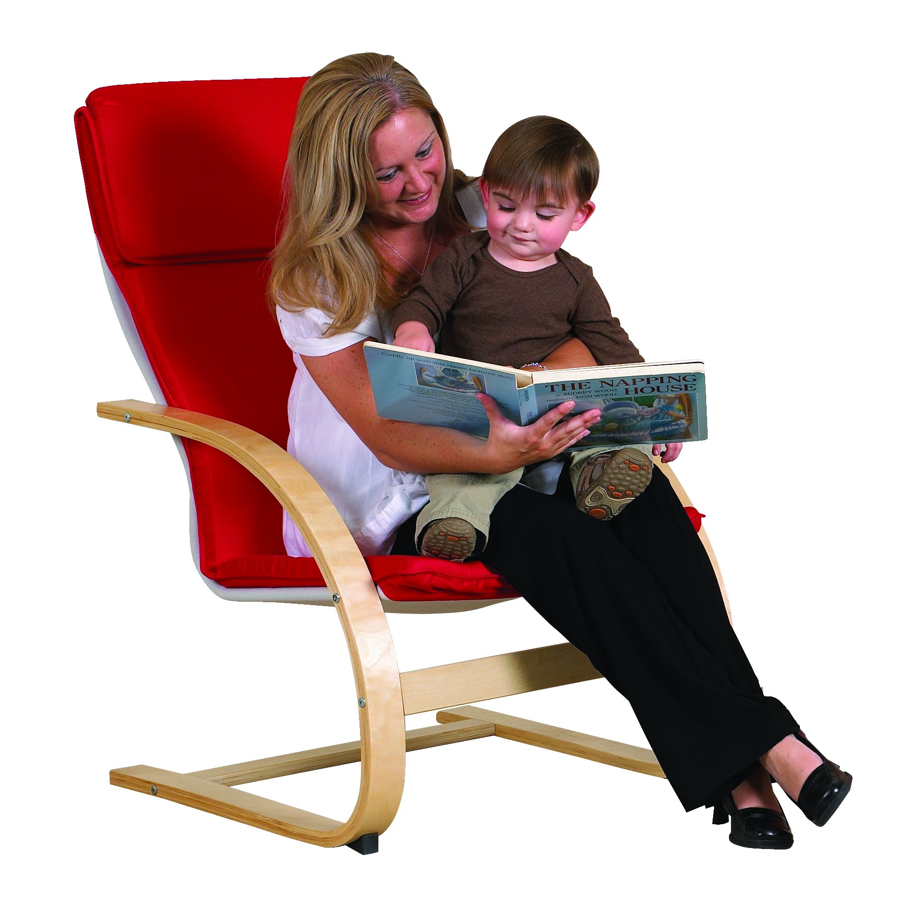 ECR4Kids Natural Bentwood Comfort Arm Chair for Adults - Birch Finish with Red Cushions - Ergonomic Teacher Chair for Classroom, Office, or Home Use