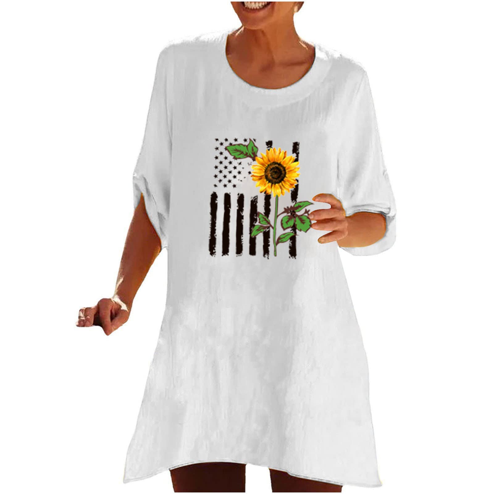 American Flag Sunflower Print Women's 3/4 Sleeve Tunic Blouse - Loose Fit Summer Crewneck Tee Shirt for Casual Wear, Outdoor Activities & Patriotic Events