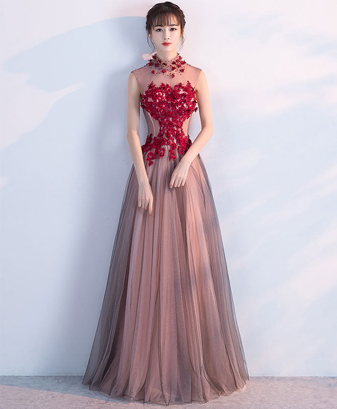 Elegant Burgundy Tulle Lace Long Prom Dress for Women - Formal Evening Gown for Homecoming, Wedding, Ball & Special Occasions
