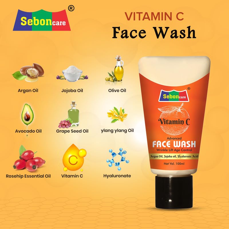 SebonCare Vitamin C Face Wash with Hyaluronic Acid, Vitamin E & Natural Oils for Brightening, Tightening & Anti-Aging - 200ml | Gentle Daily Cleanser for Glowing Skin | Perfect for Morning & Night Skincare Routine