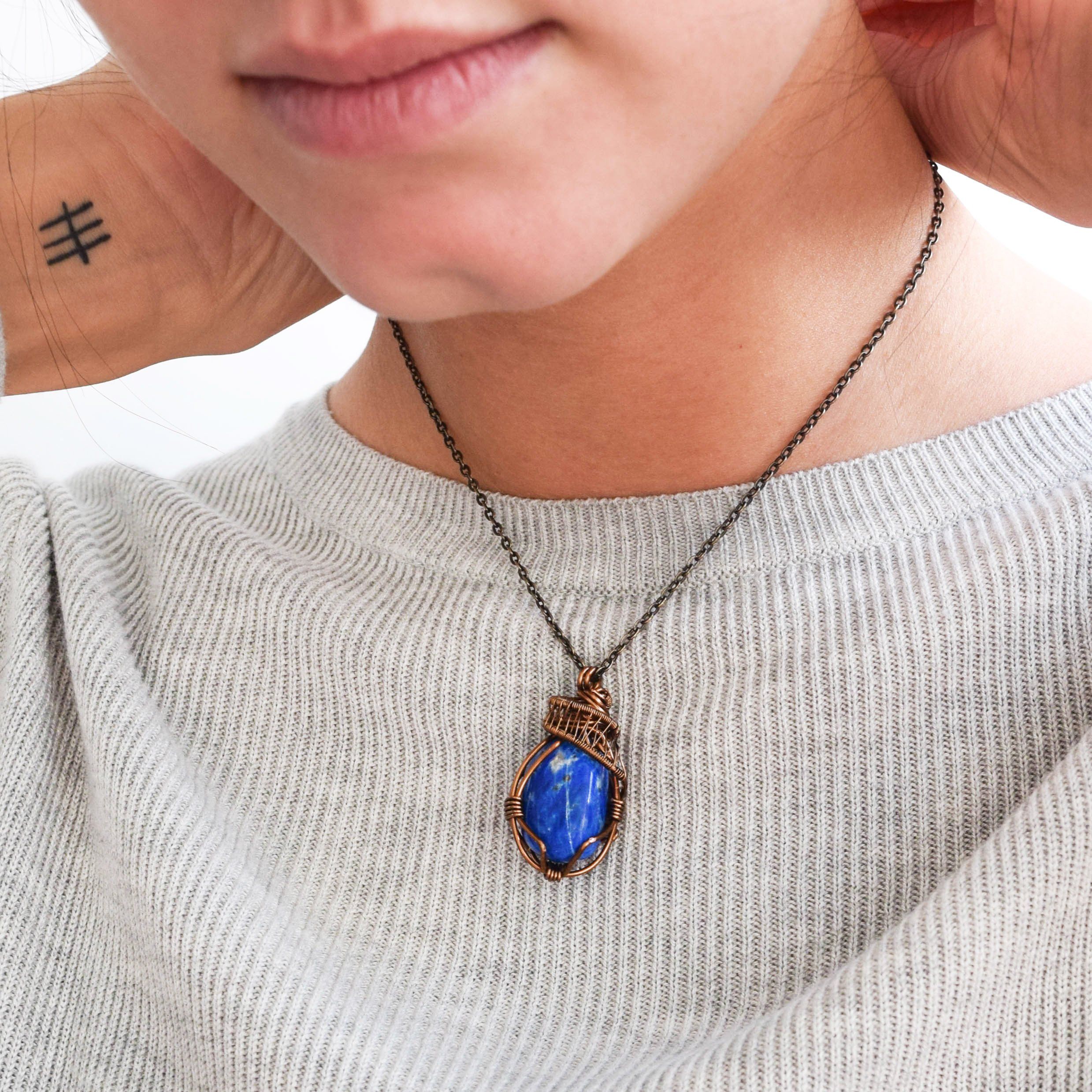 Lapis Lazuli Crystal Necklace - Handmade Antique Bronze Wire Wrapped Pendant for Women | Spiritual Healing Jewelry, Meditation Accessory & Boho Fashion Statement