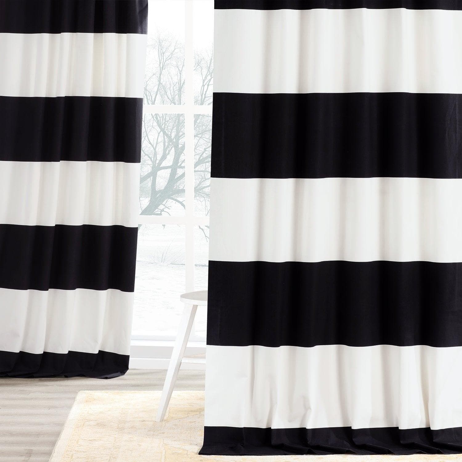 Onyx Black & Off White Horizontal Striped Blackout Curtains - 100% Cotton Room Darkening Window Drapes for Bedroom, Living Room & Nursery