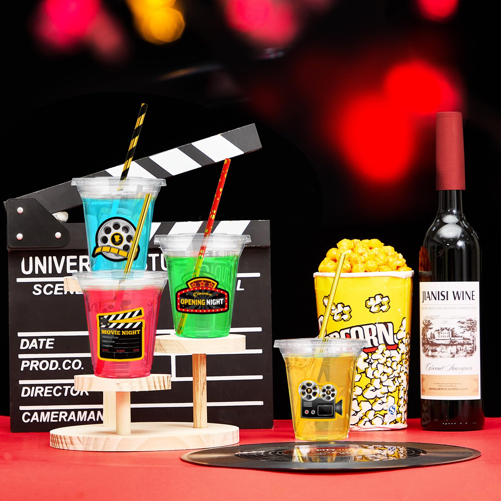 60 Pcs 14oz Clear Plastic Cups with Lids & Straws - Disposable Movie Night Party Supplies for Home Theater, Outdoor Cinema, Birthday Favors and Family Gatherings