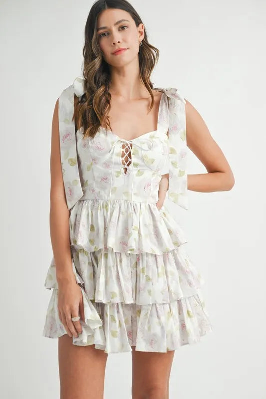 Floral Print Shoulder Tie Layered Mini Dress for Women - Summer Beach Party, Date Night & Vacation Outfit