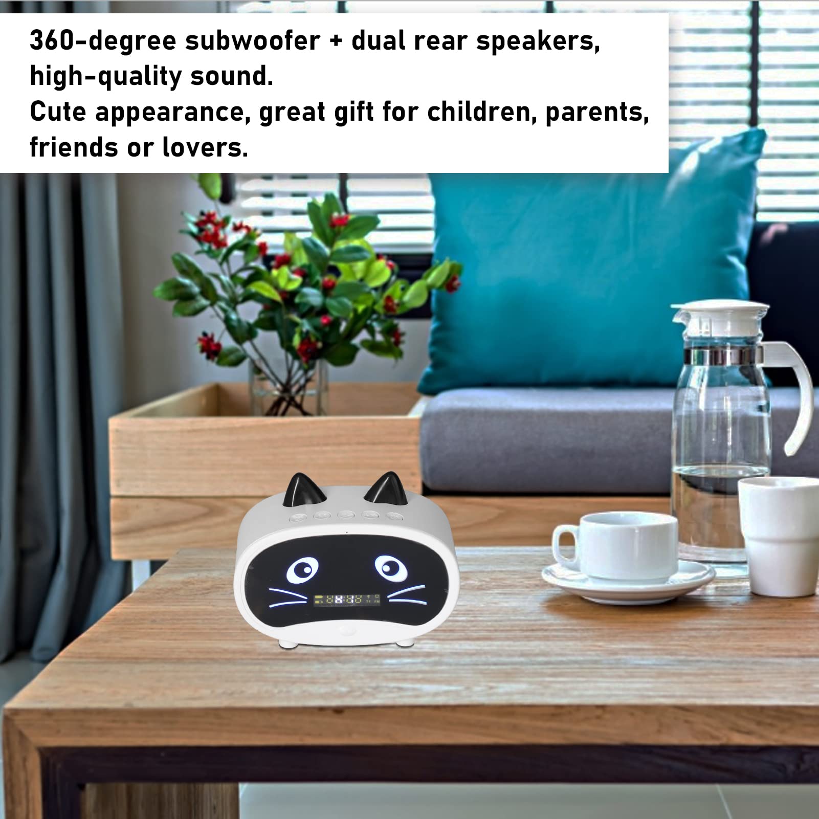 Wireless Bluetooth Speaker with Alarm Clock - Portable Bedroom & Office Speaker with Dual Alarm, LED Display, Cat Ear Design, FM Radio, USB/Memory Card Support, 1000mAh Rechargeable Battery (White) - Perfect for Bedside, Desk, Travel & Gift Giving
