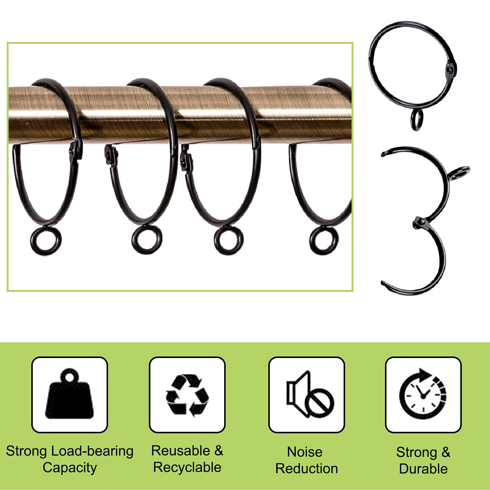 28 Pack Black Metal Curtain Rings with Eyelets - Rustproof Drapery Hooks for Curtains (50mm Inner Diameter) - Easy Open/Close Design for Living Room, Bedroom & Window Decor