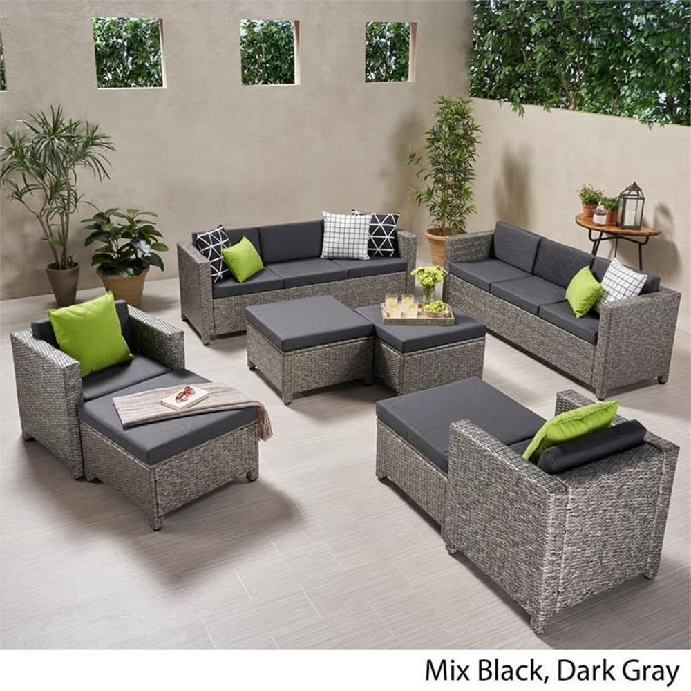 Noble House Puerta Outdoor 8-Piece Patio Conversation Set with 2 Side Tables - Weather-Resistant Brown Wicker Furniture for Garden, Poolside or Backyard Relaxation