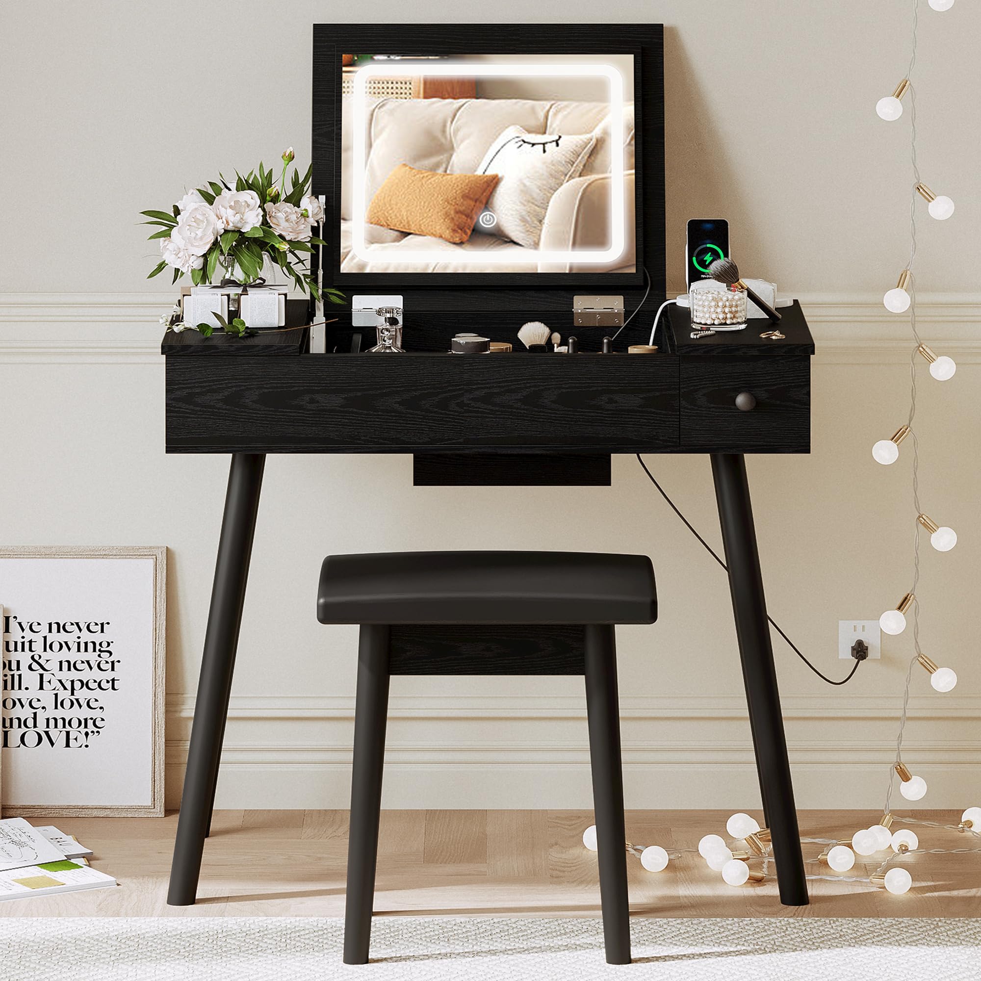 IRONCK LED Vanity Desk with Mirror & Outlet - Makeup Table for Bedroom