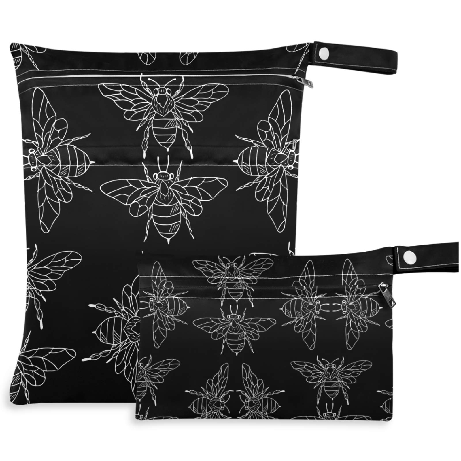 Visesunny Black Bee Doodle 2-Pack Waterproof Wet Bags with Zippered Pockets - Reusable & Washable Storage for Travel, Beach, Pool, Gym, Daycare - Perfect for Wet Swimsuits, Dirty Clothes, Diapers & Toiletries - Ideal for Strollers, Sports & Outdoor Activities