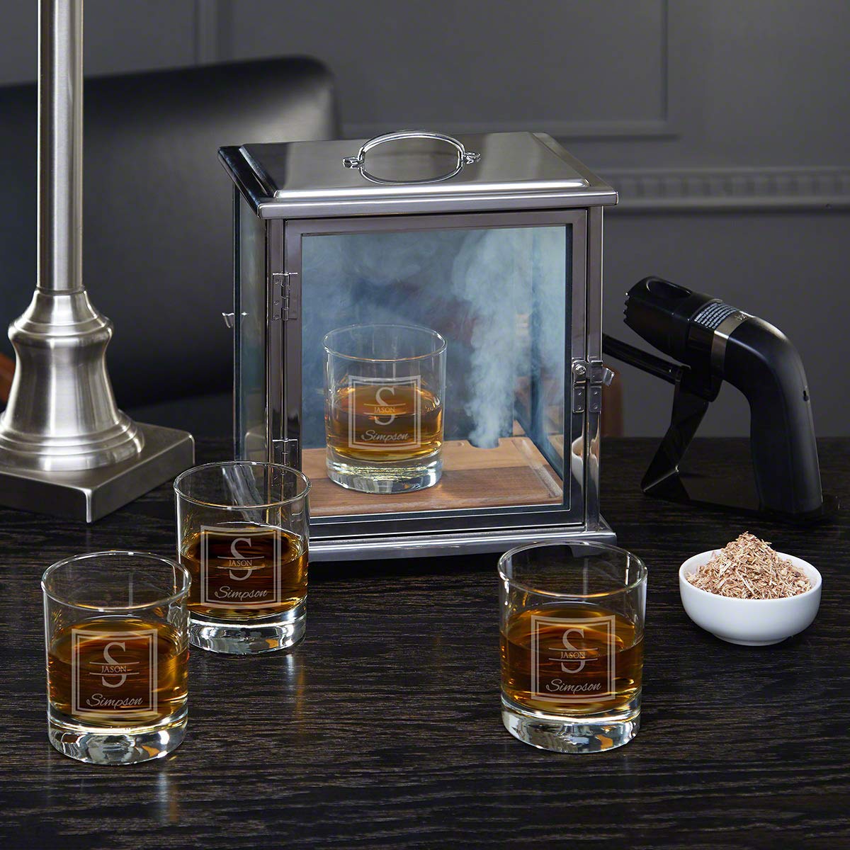 Premium Oak Smoking Box Kit with 2 Engraved Whiskey Glasses - Perfect for Bourbon & Cigar Lovers - Ideal for Home Bars, Man Caves & Gift Giving