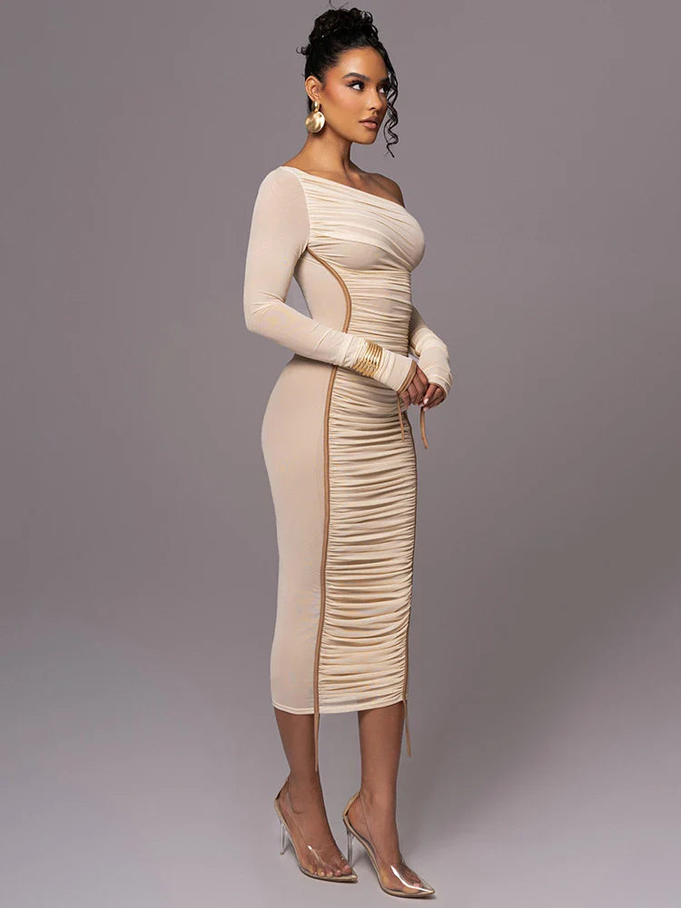 Sexy Backless Long Sleeve Midi Dress for Women - Ruched Bodycon Club Party Dress with Mesh Layering | Perfect for Night Out, Date Night & Special Occasions