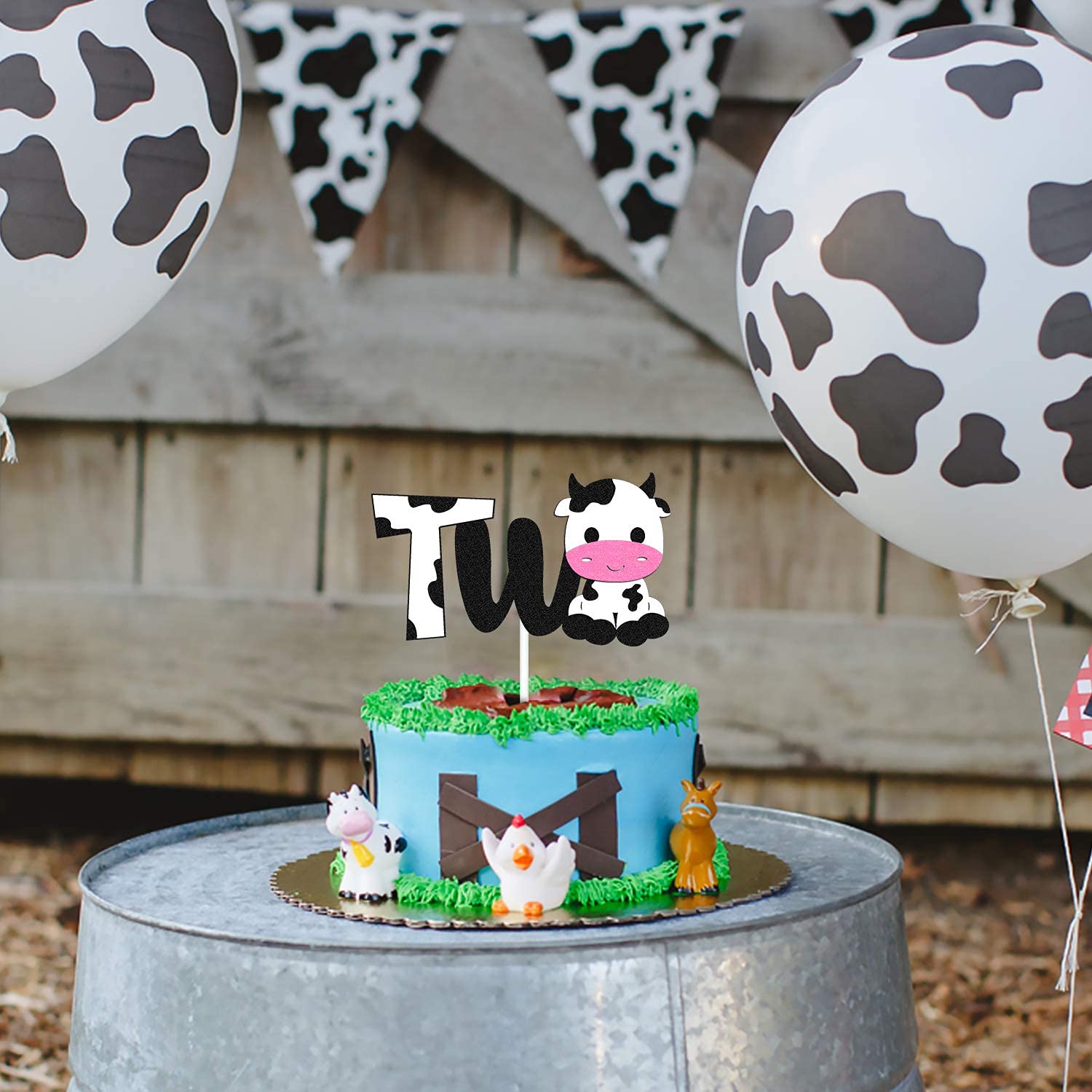 Happy 2nd Birthday Cow Cake Topper - Double Sided Black Sparkle Farm Animal Decorations for Cow Themed 2nd Birthday Party, Zoo Party Supplies - Perfect for Farm Animal Birthday Cakes, Baby Showers & Barnyard Celebrations