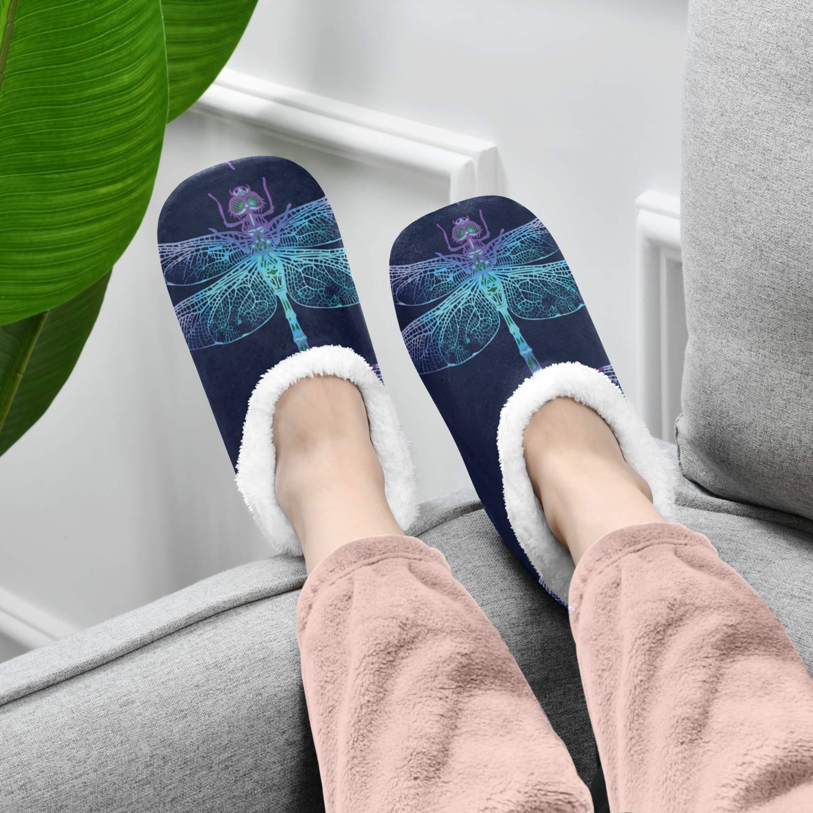 Dark Blue Dragonfly House Slippers for Women & Men - Ultra Soft Warm Indoor Bedroom Shoes for Winter Comfort | Cozy Home Lounging, Relaxing After Work, Spa Days