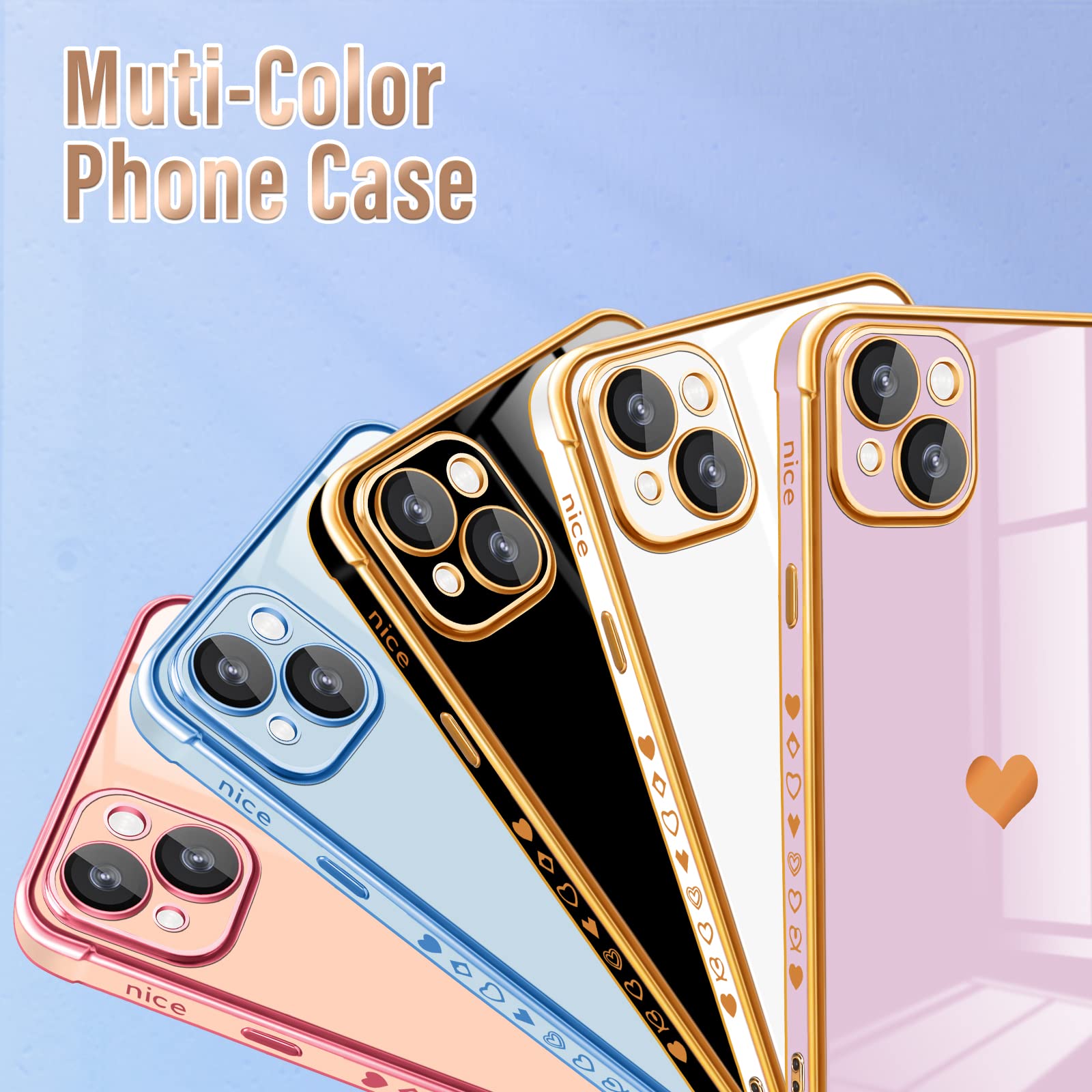 Likiyami 2in1 Luxury Heart iPhone 14 Case for Women - Trendy Blue Plating Love Hearts Cover with Screen Protector & Chain (6.1 inch) | Perfect Gift for Girlfriends, Wives & Fashion Lovers