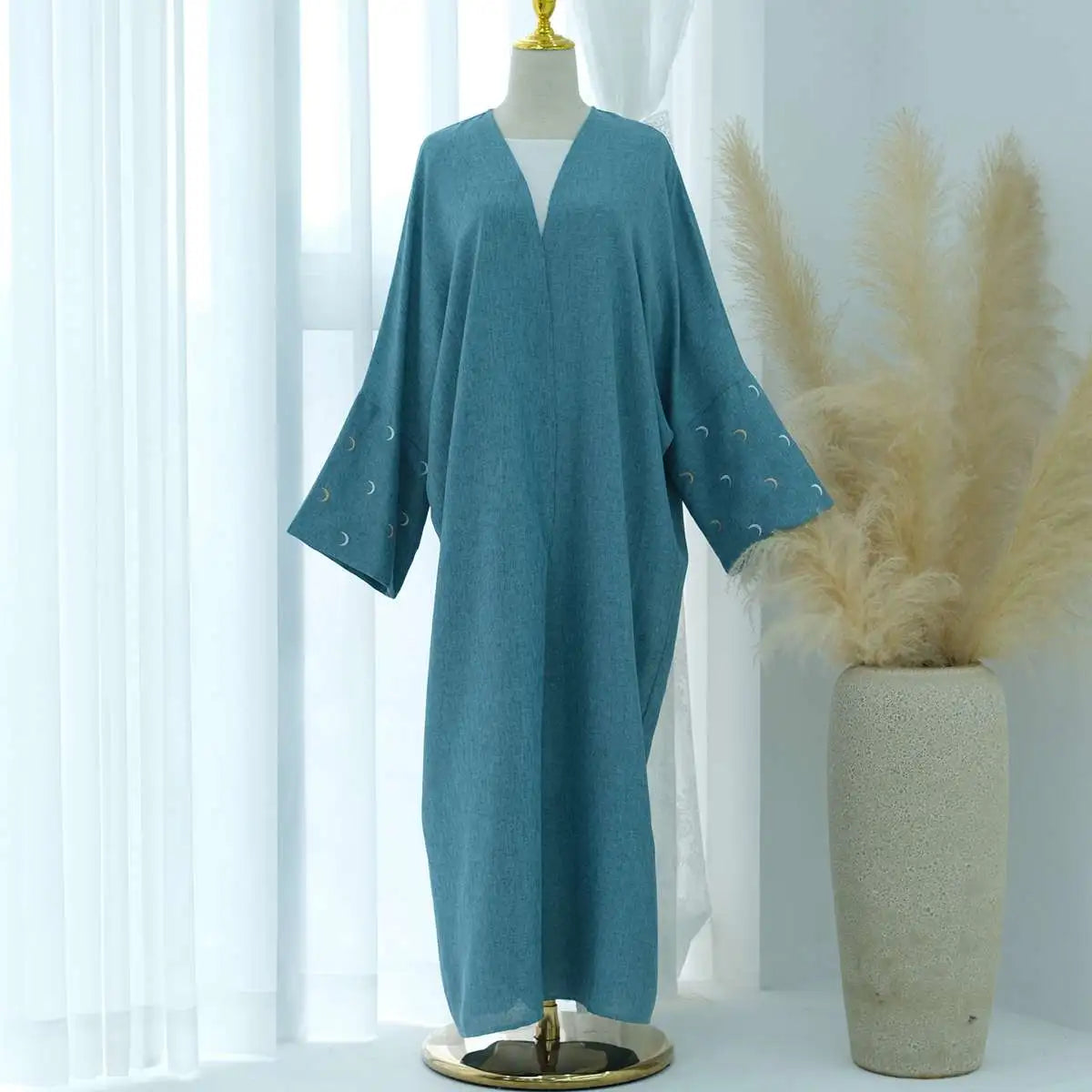 Moon Embroidery Cardigan Open Abaya Dress - Elegant Muslim Women's Outerwear for Prayer, Wedding & Special Occasions