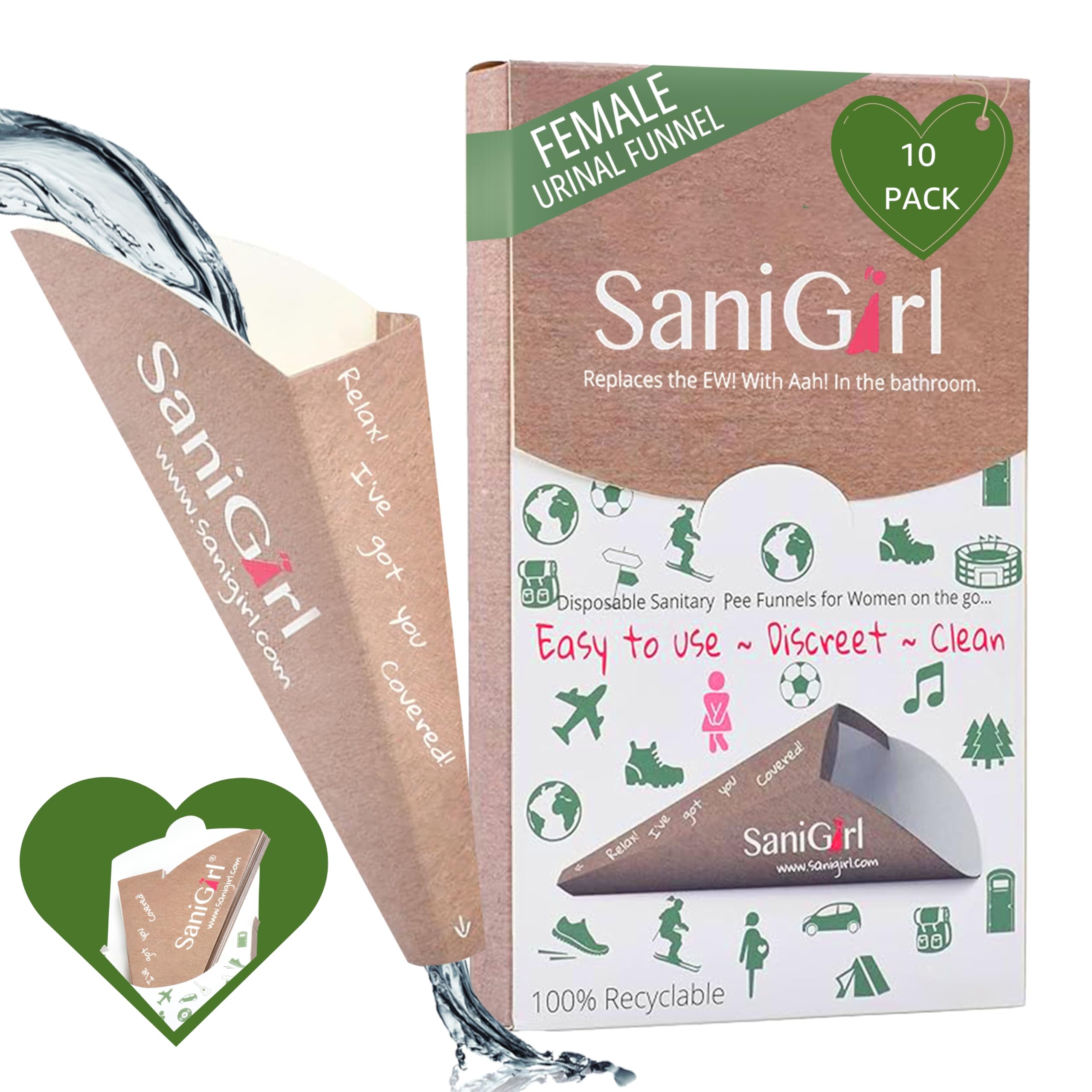 SaniGirl Disposable Female Urinal Funnel for Women - Pack of 10 | Portable Pee Funnel for Travel, Camping & Hiking | Hygienic Solution for Standing Urination | Perfect for Outdoor Adventures, Road Trips & Public Restrooms