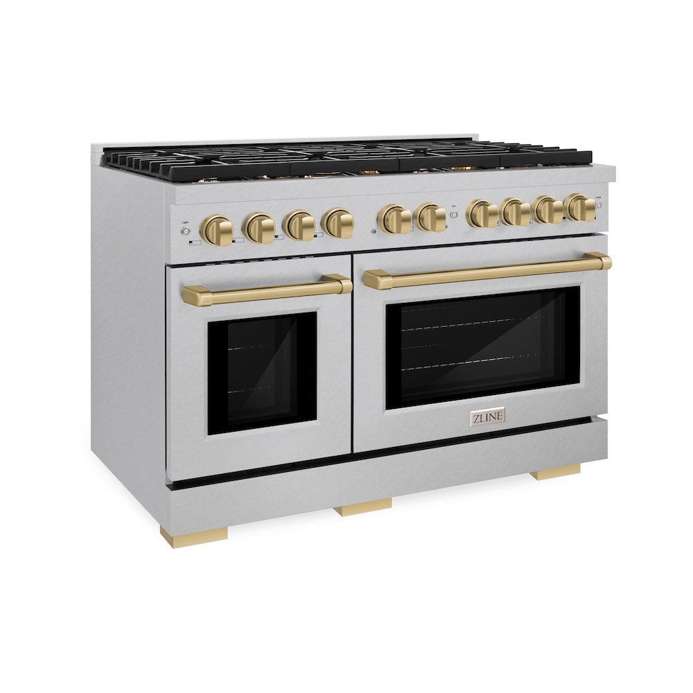 ZLINE Autograph Edition 48-inch 6.7 cu. ft. Dual Fuel Range with 8-Burner Gas Cooktop - Satin Stainless Steel & Champagne Bronze Accents (SDRSZ 48 CB) - Perfect for Gourmet Cooking & Large Family Kitchens