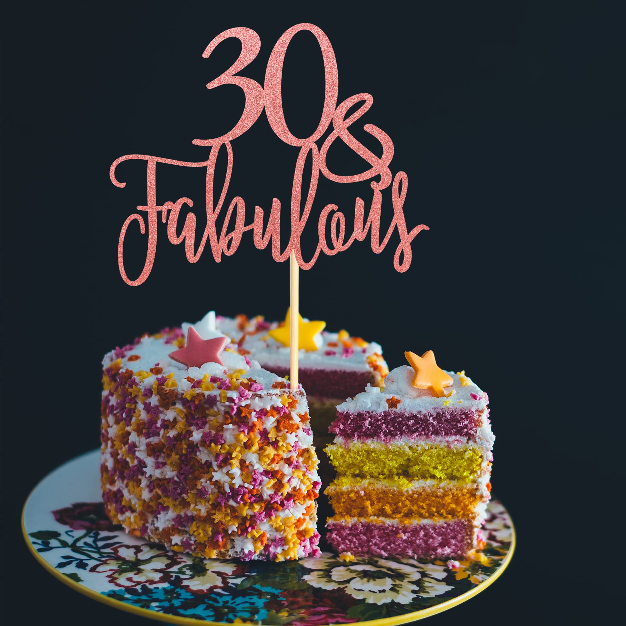 30 & Fabulous Cake Topper - Rose Gold Glitter Birthday Cake Decoration for 30th Birthday Party & Anniversary Celebration | Wedding, Milestone Birthday, Retirement Party Decor