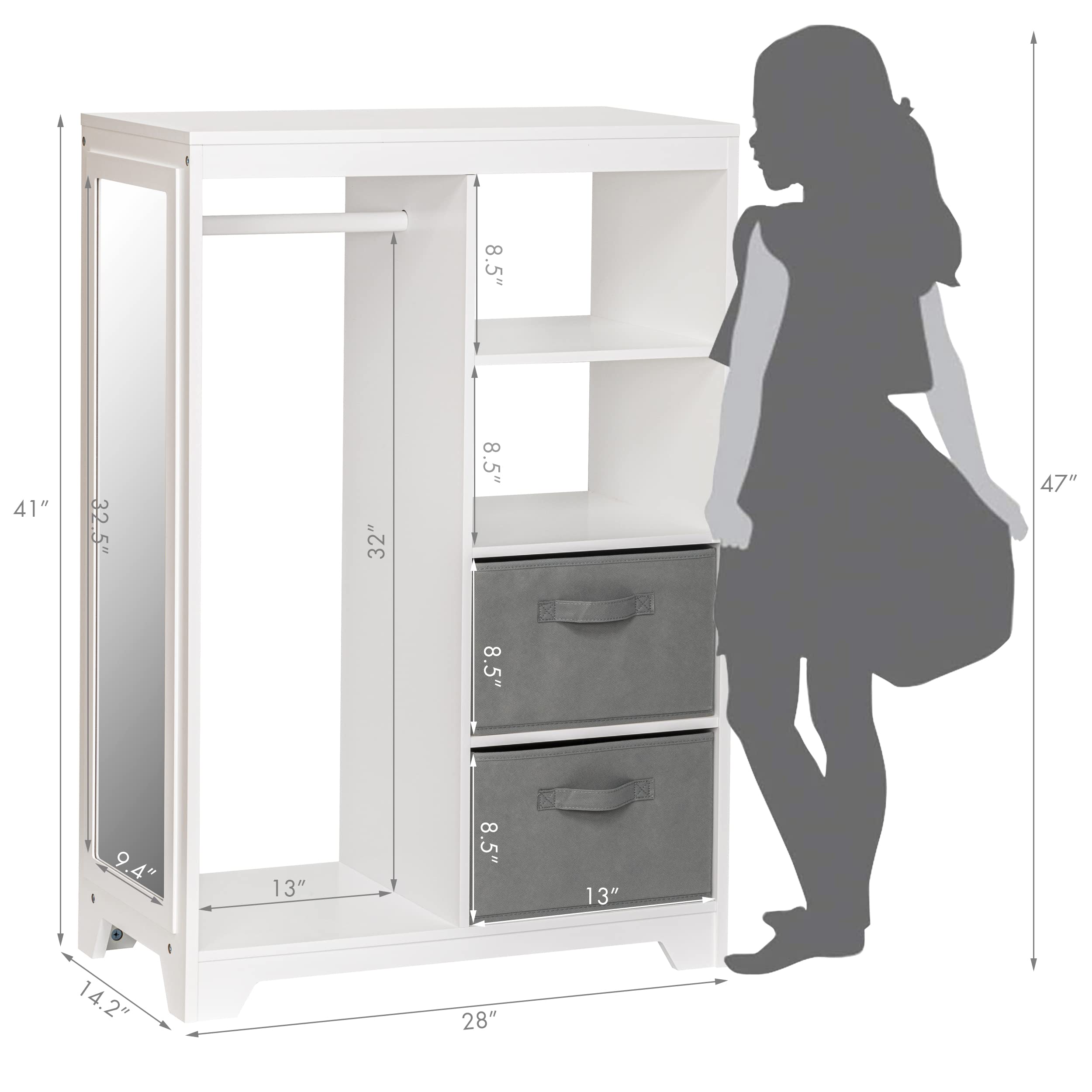 UTEX Kids Dress Up Storage with Full Length Mirror - Kids Armoire with 2 Storage Bins & Hanging Costume Closet - Pretend Play Wardrobe Dresser for Girls & Boys Bedroom - Perfect for Toy Organization & Dress-Up Playtime