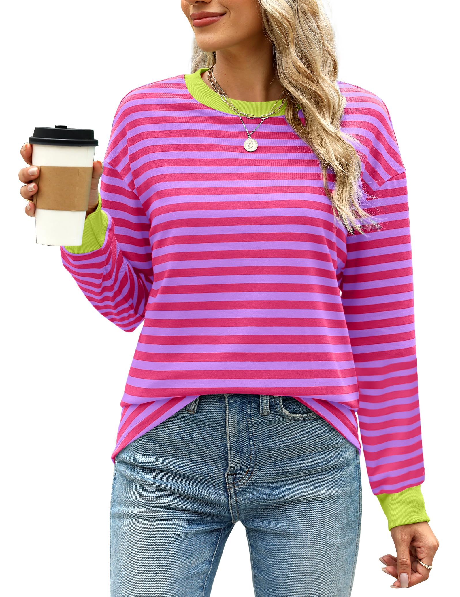 WIHOLL Women's Long Sleeve Striped Tunic Top - Crewneck Casual Blouse for Work, Office & Everyday Wear | Comfortable & Stylish Plus Size Tops
