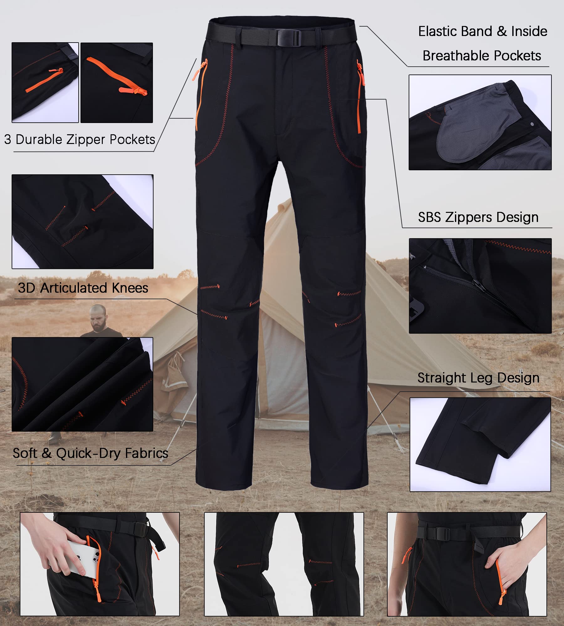 Men's Quick-Dry Hiking Cargo Pants - Water Resistant Lightweight Outdoor Pants with Breathable Fabric & Zipper Pockets - Perfect for Mountain Climbing, Camping & Work Wear