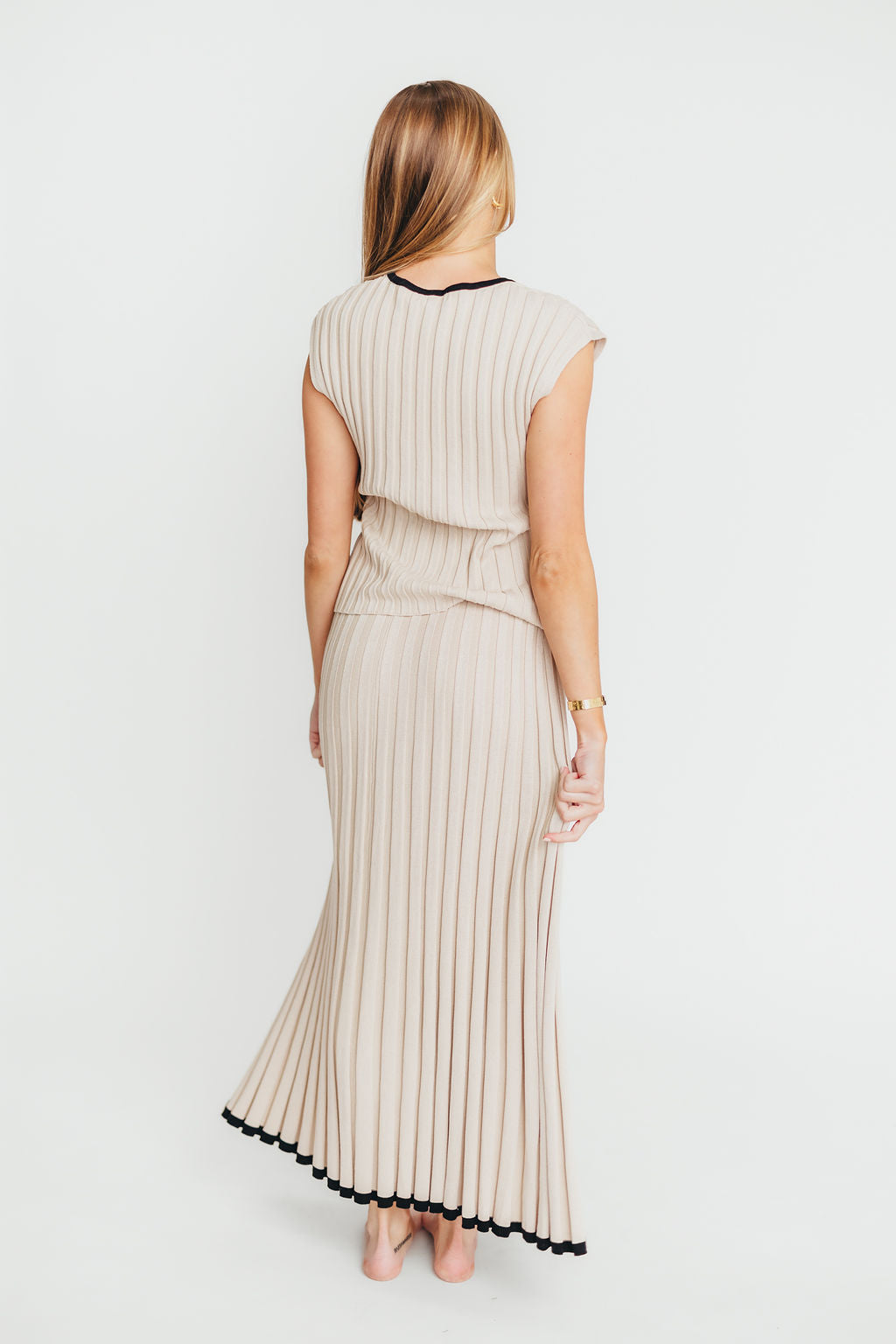Arianna Women's Contrast Knit Top and Maxi Skirt Set - Taupe/Black - Casual Outfit for Summer, Beach, and Date Night