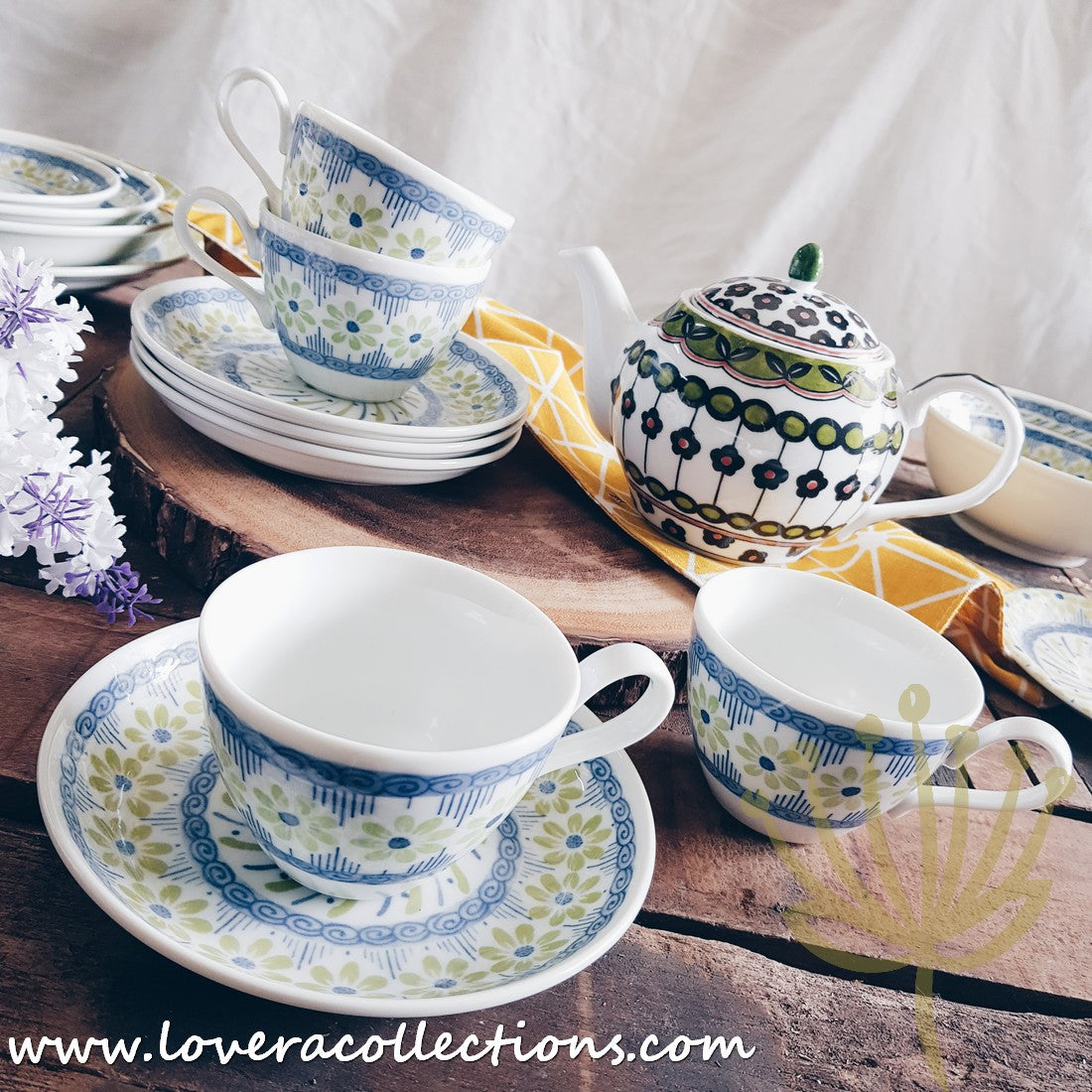 Awasaka Japan Green & Blue Daisy Tea & Dinnerware Set - Elegant Japanese Ceramic Tableware for Tea Time & Dining - Perfect for Home, Restaurants & Gifts