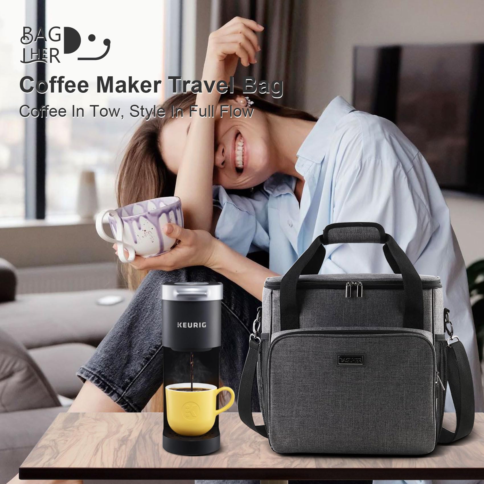 Portable Keurig Coffee Maker Travel Bag - Compatible with K-Mini, K-Mini Plus, K-Express & K-Iced | Compact Carrying Case with Adjustable Shoulder Strap | Perfect for Travel, Camping & Office Use (Grey)