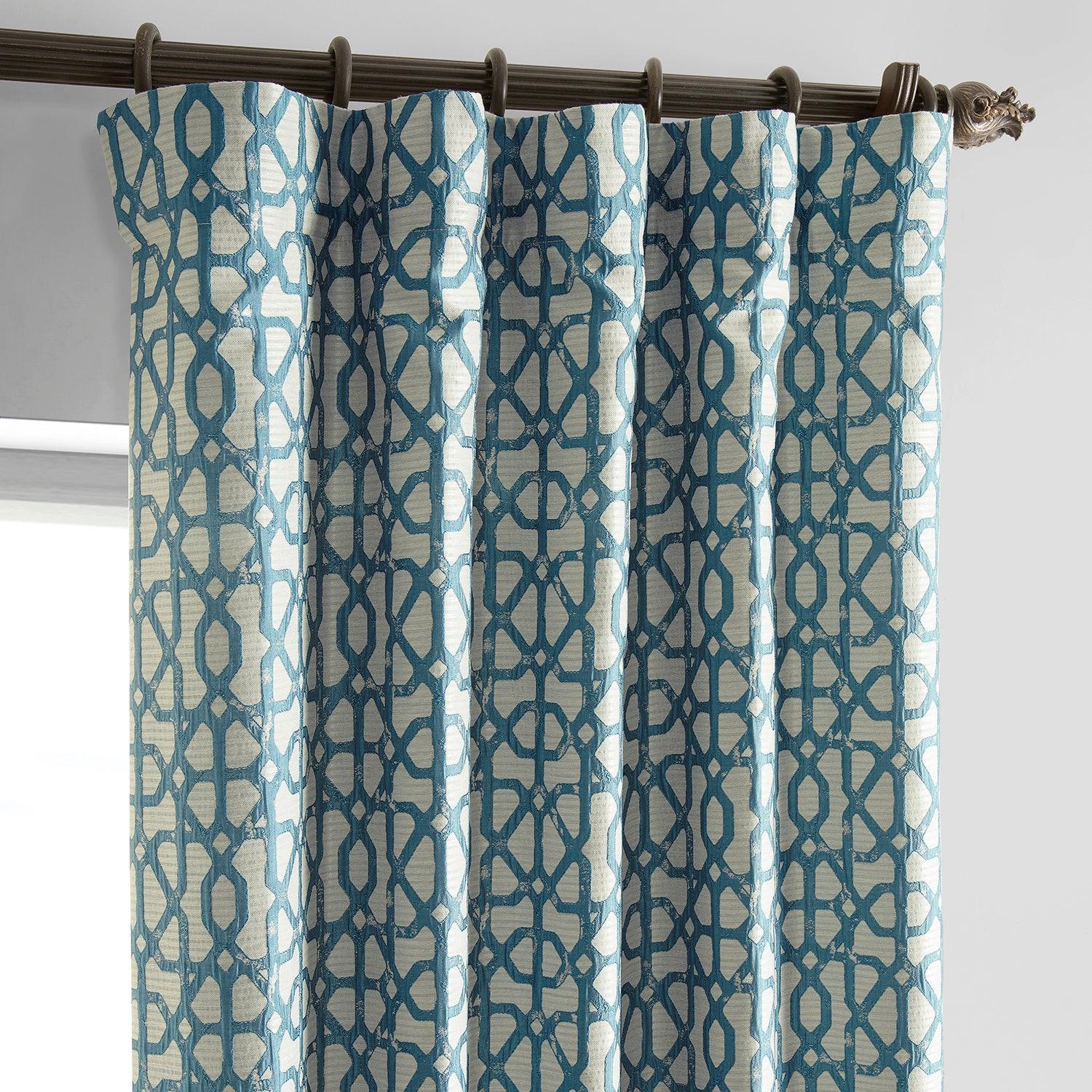 Metro Teal Blue Geometric Faux Silk Jacquard Blackout Curtains for Living Room & Bedroom - Elegant Window Treatment for Light Control & Privacy