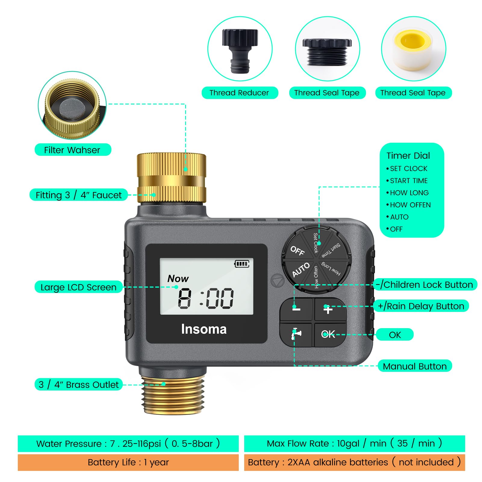 Programmable Outdoor Garden Hose Timer with Brass Inlet/Outlet - Auto, Manual & Rain Delay Modes for Drip Irrigation & Lawn Watering System (1 Outlet) - Perfect for Efficient Yard Maintenance & Smart Water Conservation